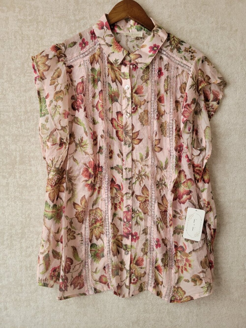 Fig + Flower Pink Floral Lace Trim Button Down Blouse Top Short Sleeve Boho 2X
